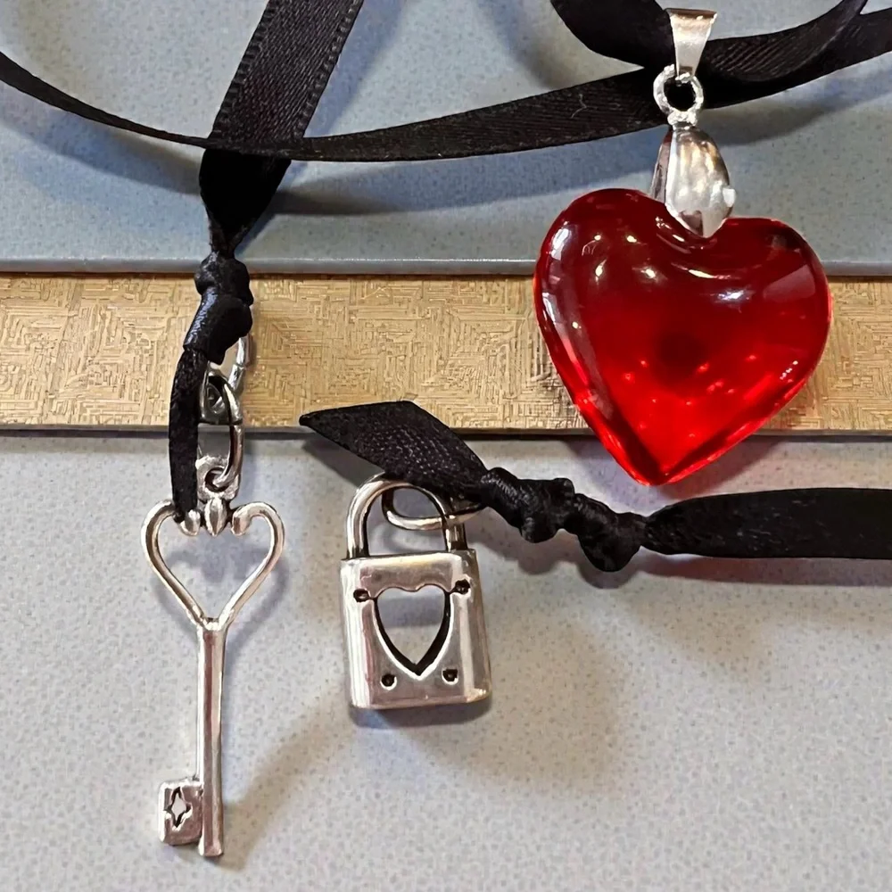 Glass Red Heart Pendant Necklace with Key and Lock Charm on Double Sided Satin